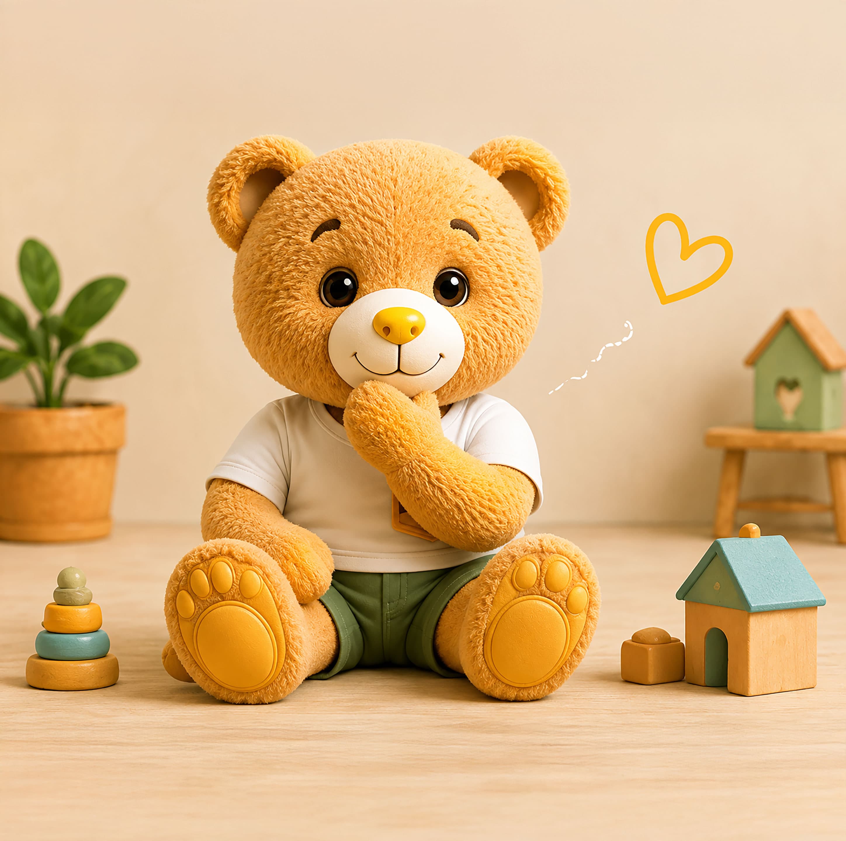 Mimo the bear with a child, learning together